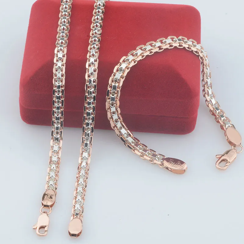 Hochzeit Schmuck Sets FJ 5mm Frauen 585 Weiß Rose Gold Farbe Weaing Braid Armband Halskette Set 230717