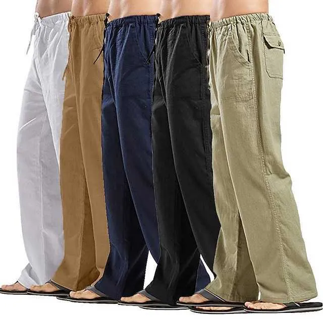 Calça de Linho Masculina Verão Bolso de Praia com Cordão Cós Elástico Simples Conforto Respirável Comprimento Total Mistura de Algodão Diário Moda Casual Esportivo Ajuste Solto