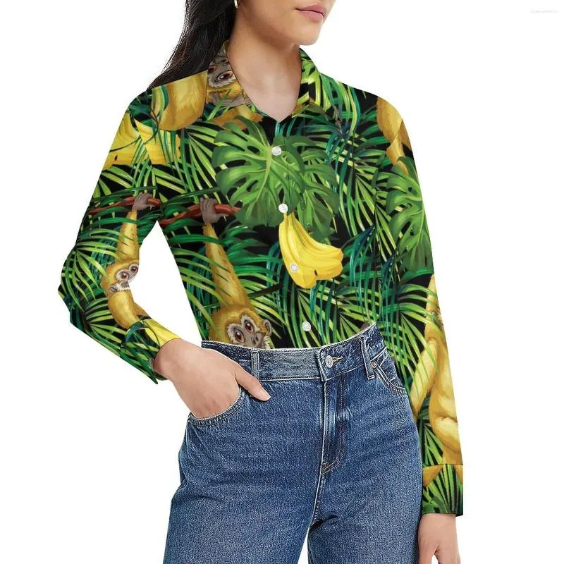 Kvinnors blusar Monkey Print Blue Tropical Banana Jungle Pretty Mönster Kvinnlig långärmad avslappnad skjorta Hösten överdimensionerade kläder