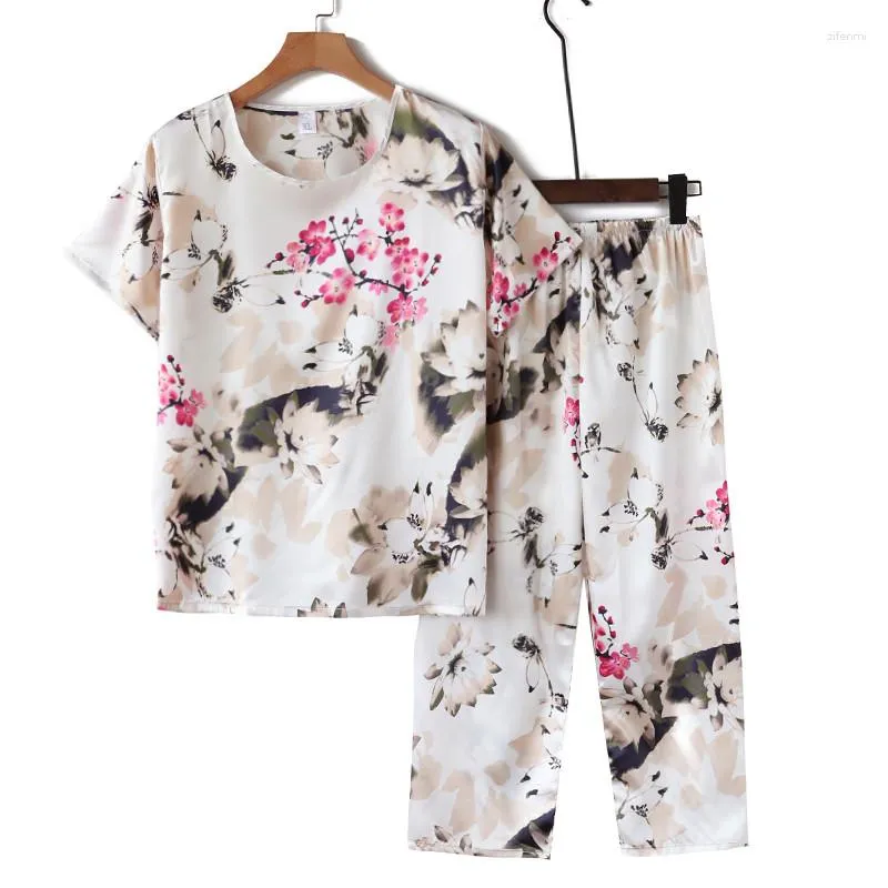 Women's Sleepwear 2PCS Pajamas Set Summer Ladies Silky Satin Pijamas De Mujer Floral Printing Novelty Clothing