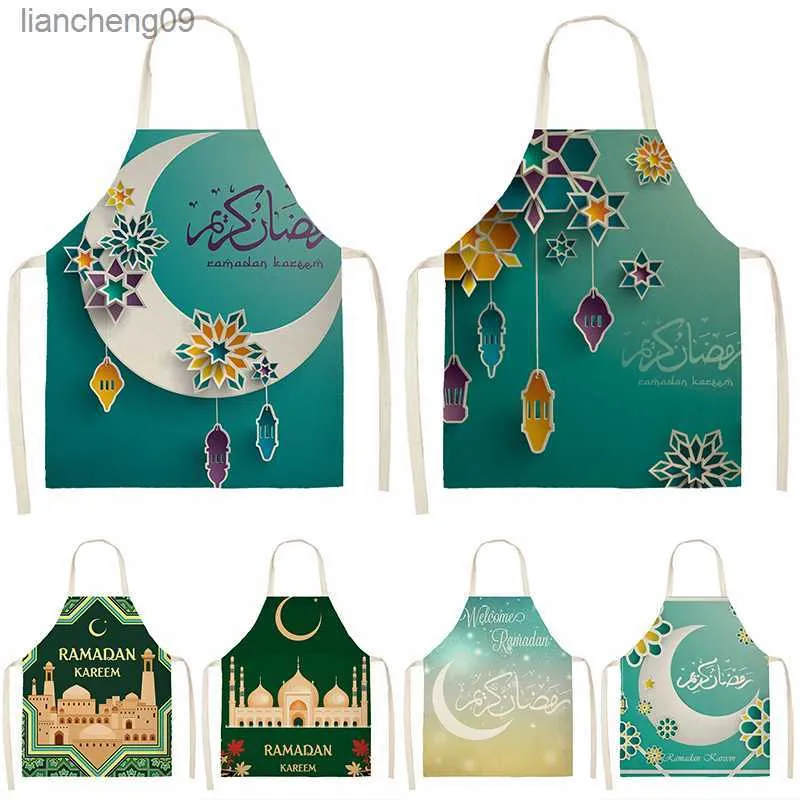 Green Star Crescent Eid Mubarak Stampato in cotone e lino Home Cooking Baking Bavaglino Musulmano Ramadan Kareem Grembiule da cucina per le donne Decor L230620