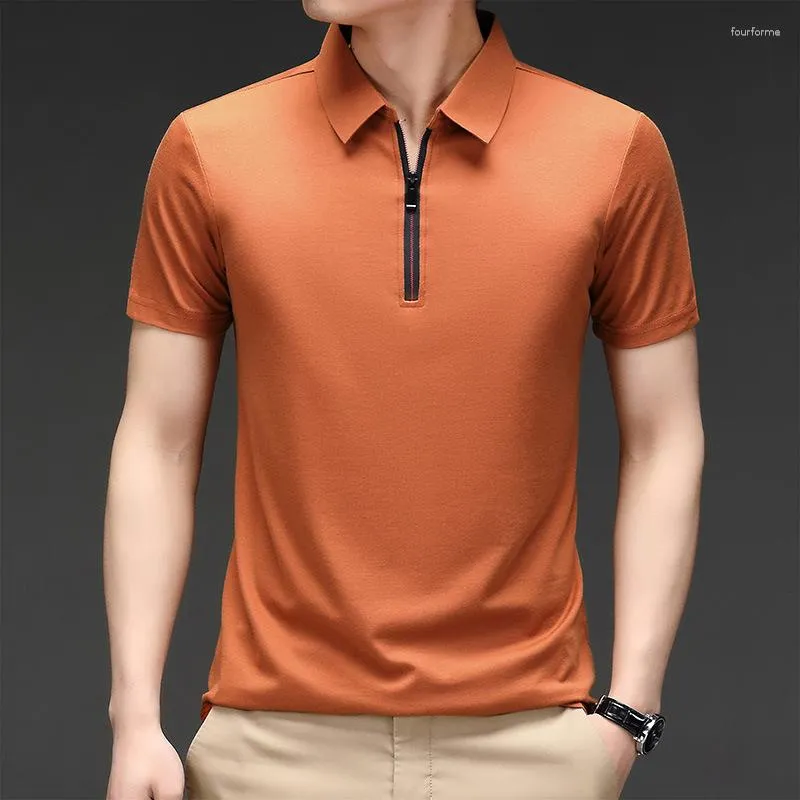 Men's Polos 2023 Summer Oversized Thin Short Sleeve Solid Color Polo-Neck Spliced Zipper Loose Clothing Fashion Business POLO Shirt