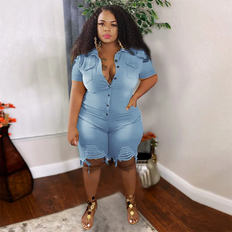 Women's Plus Size Jumpsuits Rompers Plus Size Clothing Jeans Jumpsuits Women L5XL Short Sleeve Bodysuit Ripped Denim Shorts Jumpsuits Wholesale Drop 230715