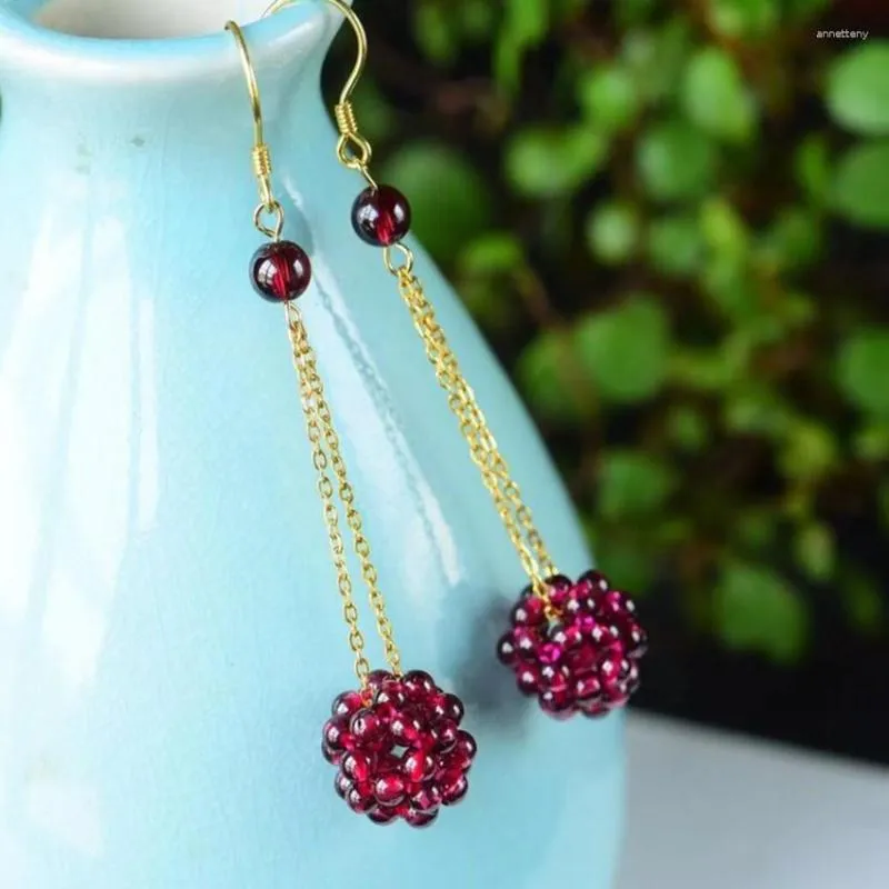 Dangle Earrings Light Yellow Gold Color Garnet Stone Beads Drop For Women Classic Style Jewelry