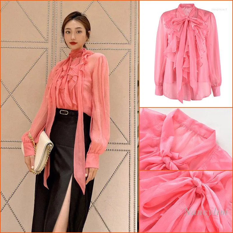 Women's Blouses Lace-up Bow Collar Chiffon Shirt Women 2023 Spring Summer Temperament Ruffled Long Sleeve Pink Top