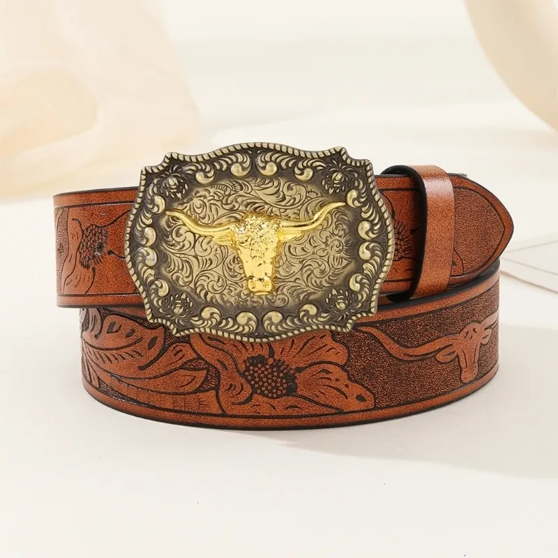 Western PU Leathers Cowboy Buckle Belt For Men And Women Jeans Engraved Floral Metal Bull Buckle Belt
