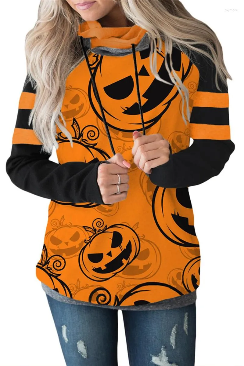 Damen-Kapuzenpullover, orangefarbener Halloween-Kürbis-Hoodie, Daumenloch, langärmelig, College-Streifen, Kordelzug, doppelte Kapuze, Sweatshirts, Pullover, Oberteile