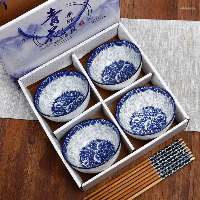 Dinnerware Sets Ceramic Soup Bowls Tableware Set Retro Blue And White Porcelain Rice Bowl Chopsticks Gifts Box