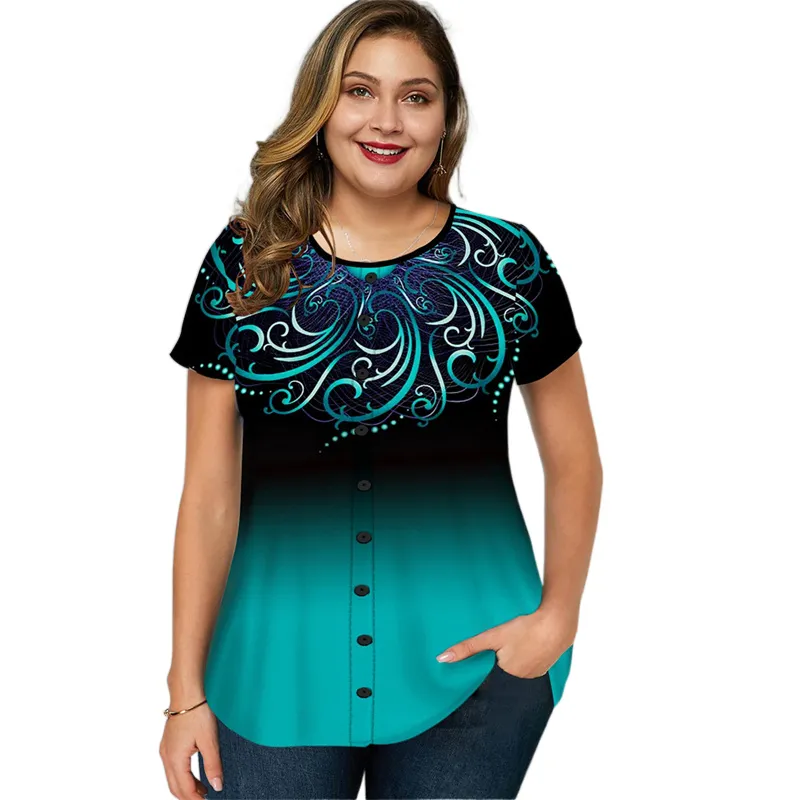 Dames T-shirt met grote maten Grote maten tuniekoverhemd Groot formaat tops Dames Casual knoopdecor Dames Losse bloemenprint Boho Ropa Curvy Tallas Grandes Mujer 230715