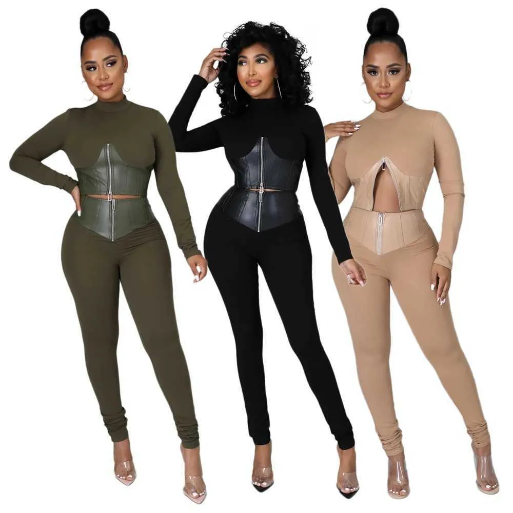 Crop Top Pencil Pants Sexy 2 Piece Matching Set Pure Color Skinny PU Leather Stitching Long Sleeve Women Two Piece Casual Outfit