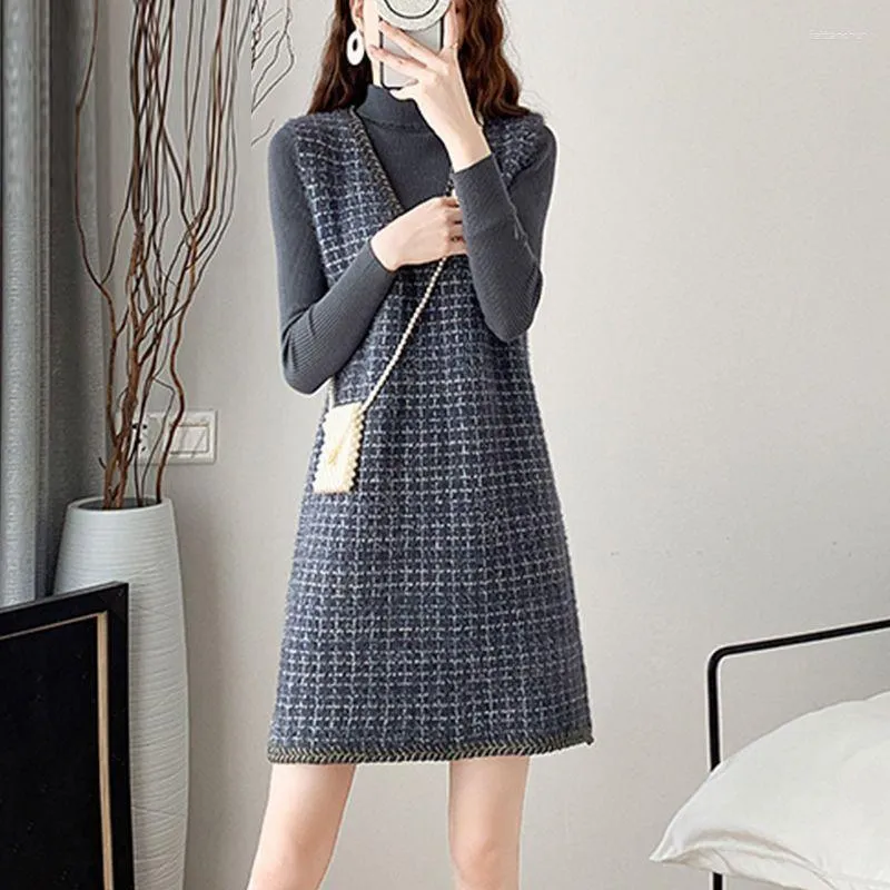 Casual Dresses Women's Knitted Sweater Dress 2023 Autumn Half High Neck Loose Solid Mini Female French Bottom Tank Top