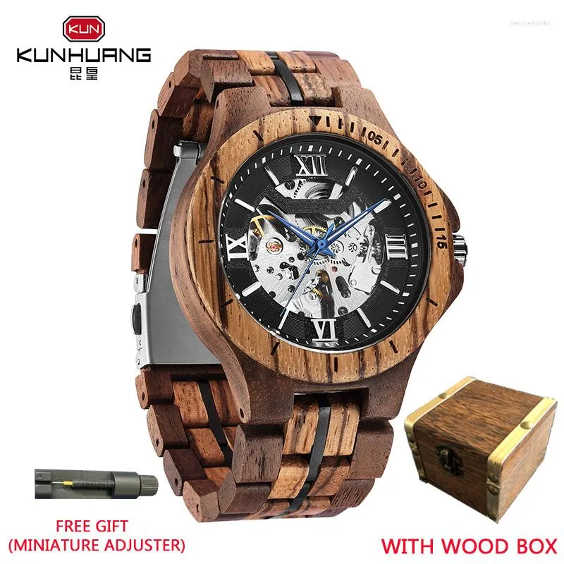 Relógios de pulso KUNHUANG Relógio de madeira natural de marca superior Automático Mecânico de luxo Relógio luminoso masculino Caixa de presente Reloj De Hombre