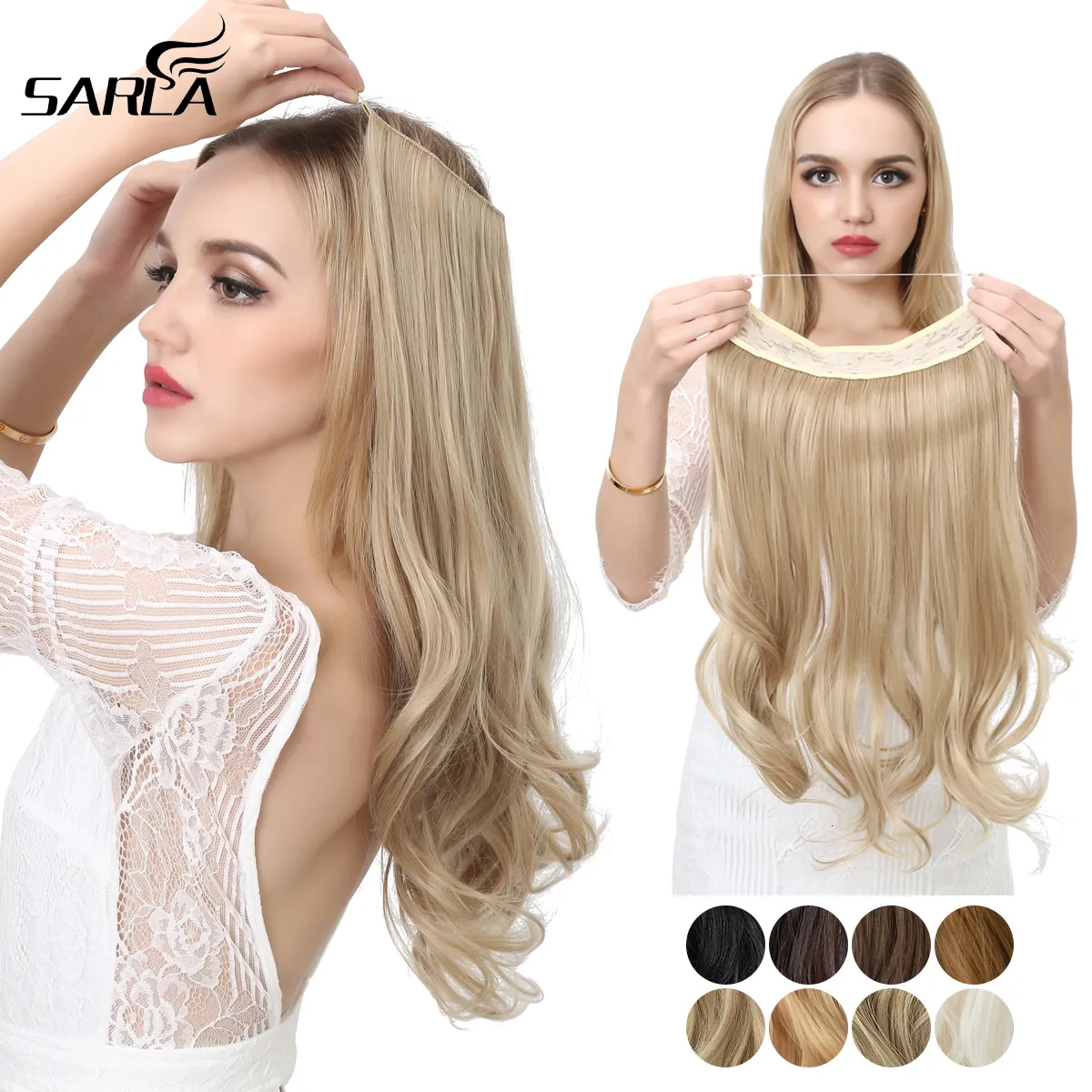 Perruque Caps Synthétique No Clip Vague Extensions de Cheveux Ombre Naturel Noir Blond Rose Faux Postiche Poisson Ligne Faux 230714