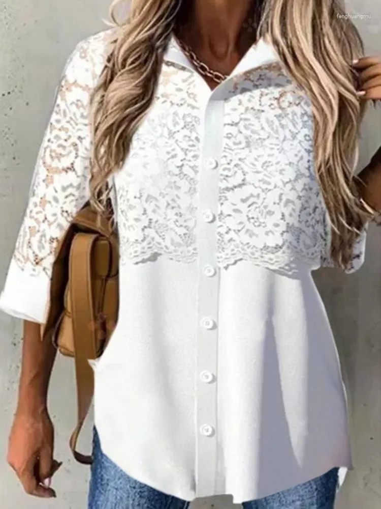 Damenblusen VONDA 2023 Mode Frauen Sommer Weißes Hemd 3/4 Ärmel Bluse Revers Button Up Tops Spitze Patchwork Party Blusas Femininas