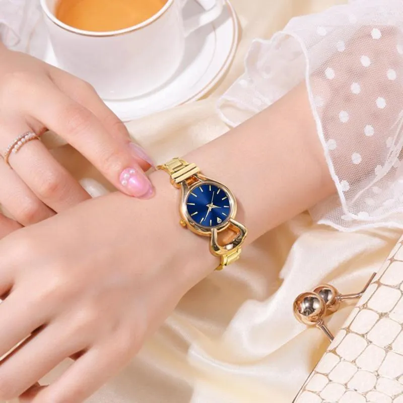 Wristwatches Trendy Golden Finish Watch Luxury Women's Dress Wristwatch Metal Mesh Strap Round 3 Hand Fashion Jewelry Gift