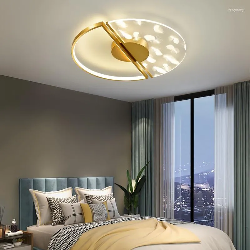 Taklampor fjäder modern lampa inomhusbelysning guld sovrum ledande ljus med fjärrkontroll för sovrummet