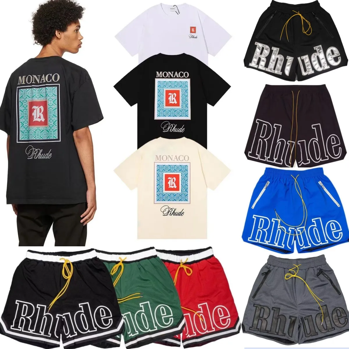 225 Shorts Été Hude Fashion Beach Chemises à manches courtes T-shirt décontracté Rhude Tees Bleu Noir Short en maille Hauts Pantalons de survêtement R ees ops racksuit