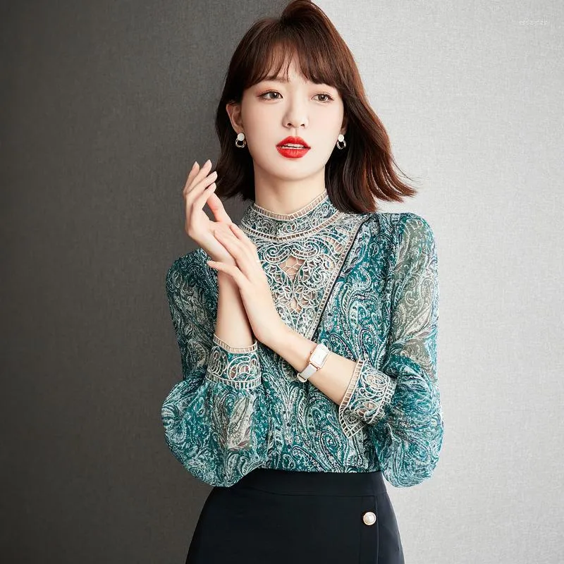 Women's Blouses Korean Standing Collar Lace Shirt Design Embroidered Patterns Shirts Women Long Sleeved Tops