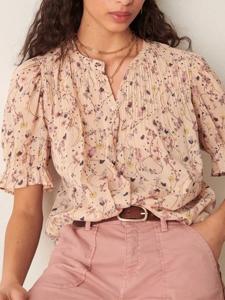 Vrouwen Blouses Single Breasted Blouse O-hals Bloemenprint 2023 Zomer Vlinder Mouw Driekwart Vrouwelijke Losse Shirts Vintage Top