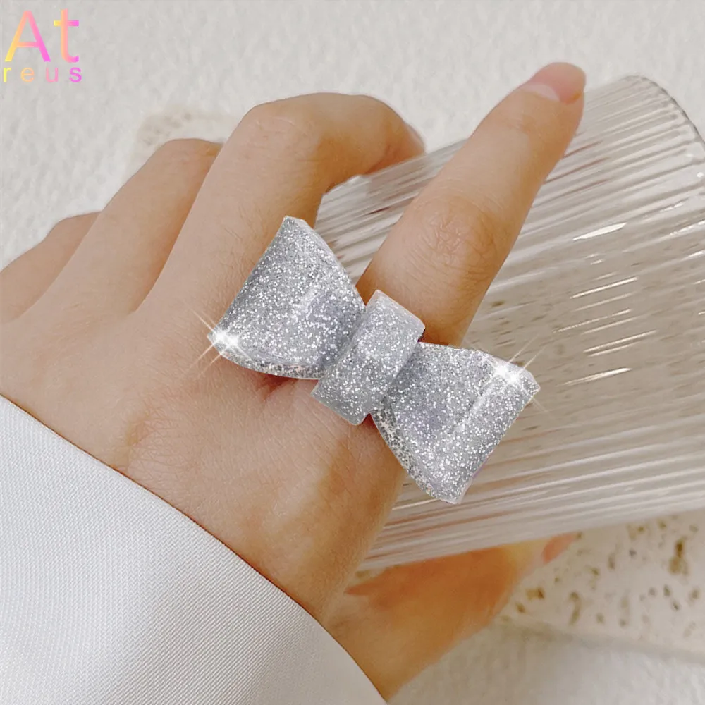 Glanzend Zilver Kleur Glitter Poeder Grote Hars Open Ringen voor Vrouwen Eenvoudige Boog-knoop Vinger Ring Passen Acryl Trendy Sieraden Party