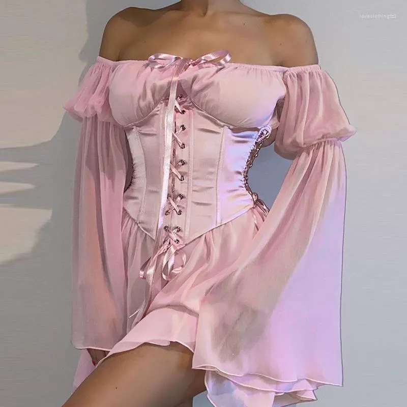 Robes Décontractées Fée Rose Corset En Mousseline De Soie Mini Robe Femmes Style Français À Manches Longues Bouffantes Boho Robe D'été Dames Slash Neck Élégant Plage