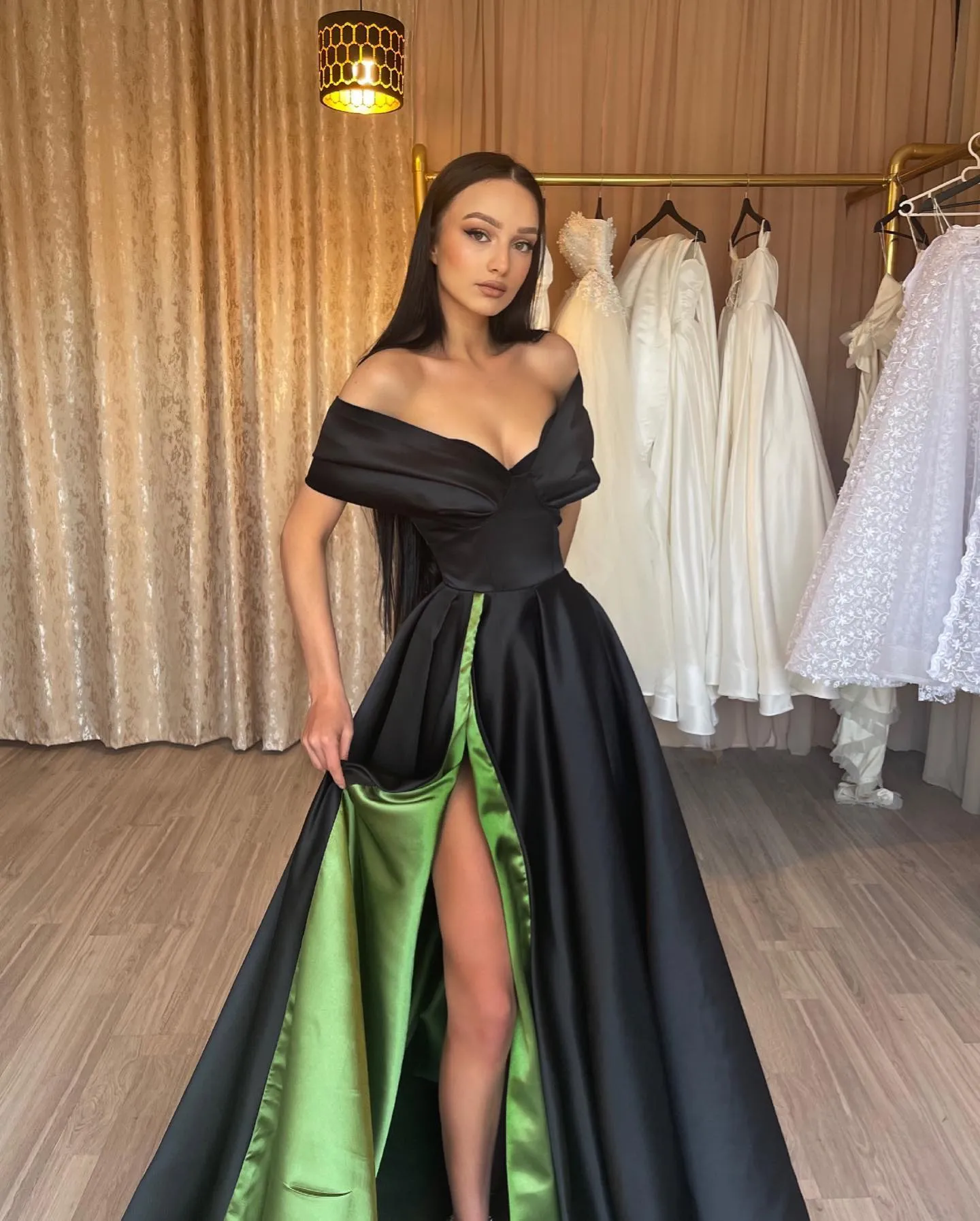 Elegant A Line Black Prom Dresses With Off Shoulder Green Lining Pleats Split Formal Long Evening Gowns For Special Occasions From Bestdressing 278.82 DHgate.Com
