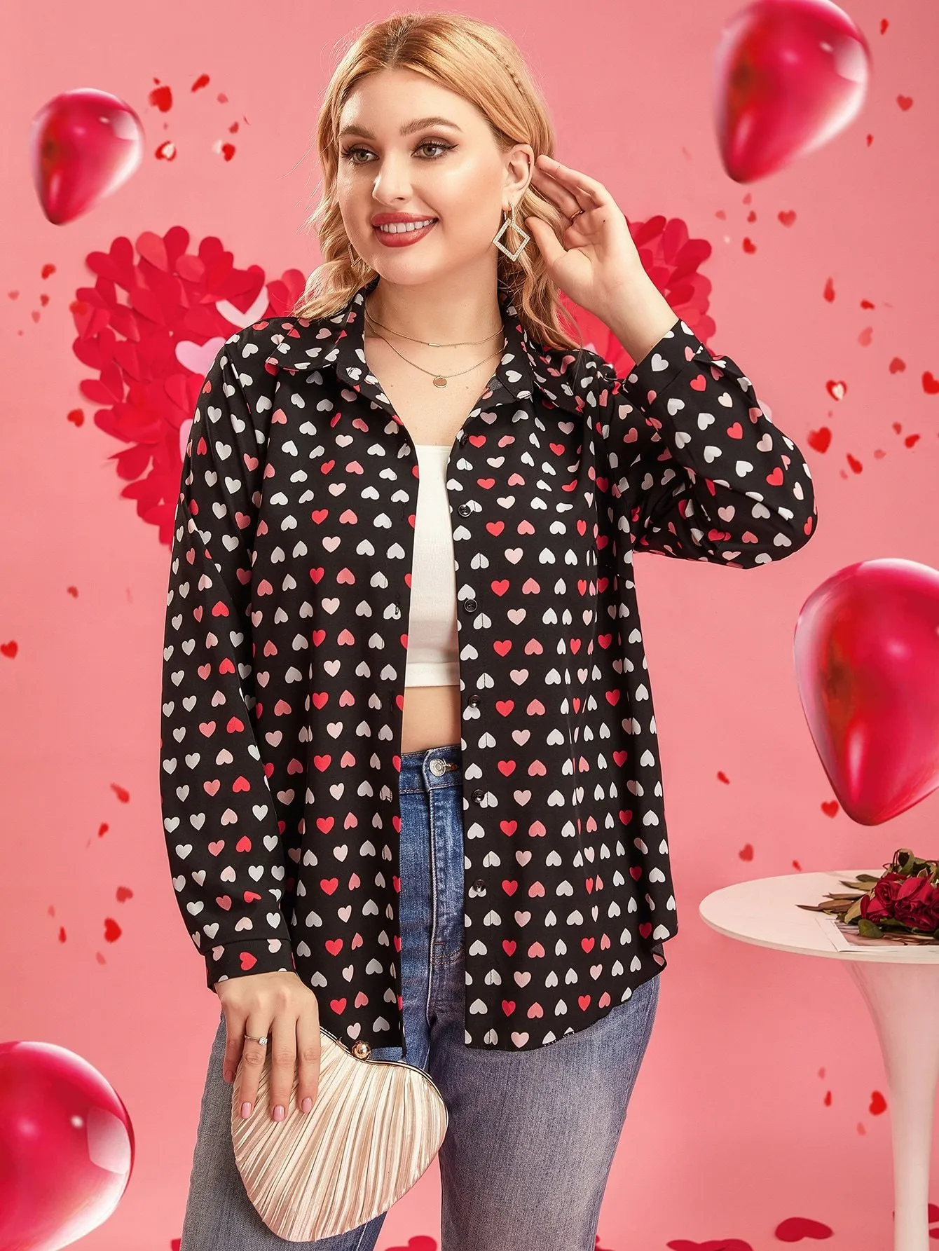 Women's Plus Size T-Shirt Plus Size Shirt Autumn Heart Print Blouses Women Long Sleeve Turn-down Collar Blouse Casual Tops Fashion Y2k Clothing 230715