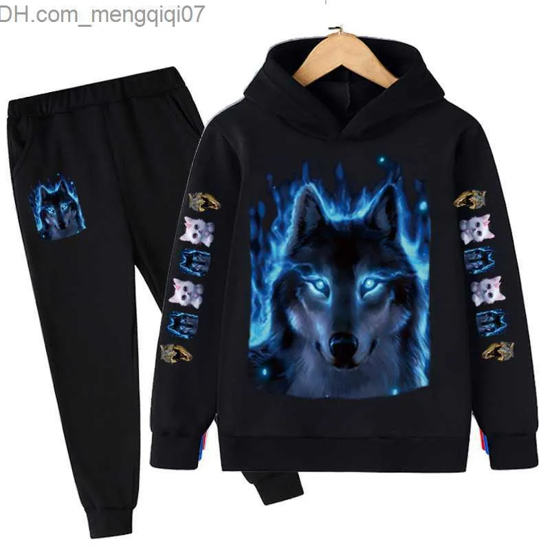 Clothing Sets Autumn Boys' Clothing Set Printed Wolf Hoodie Cotton Sports Pants Casual Children's Set 4-14 Year Street Clothing Set Z230717