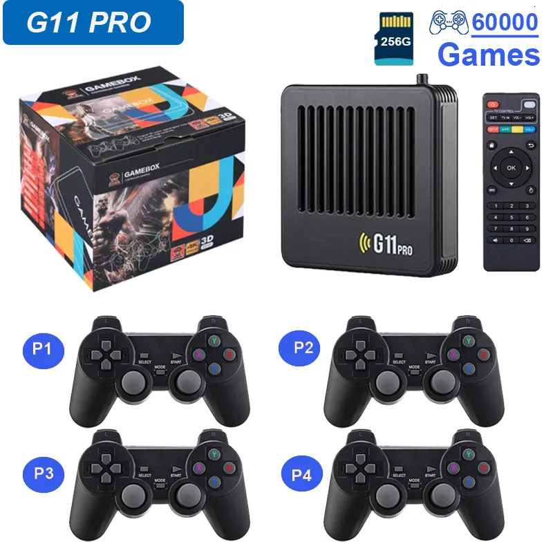 Portable Game Players G11 Pro Game Box Console 256G تم تصميمه في 60000 Retro Games 2.4g اللاسلكي Gamepad 4PCS 4K HD TV Stick for PS1/GBA 230715