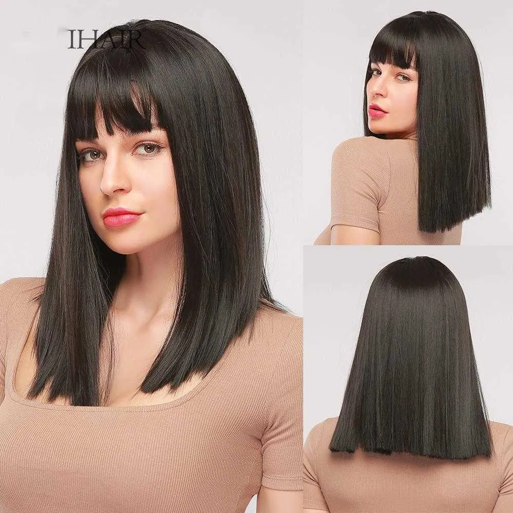 Perruques Synthétiques Easihair Noir Perruques Cheveux Synthétiques Droite Longueur Moyenne Bob avec Frange pour Femmes Naturel Cosplay Résistant À La Chaleur 230227