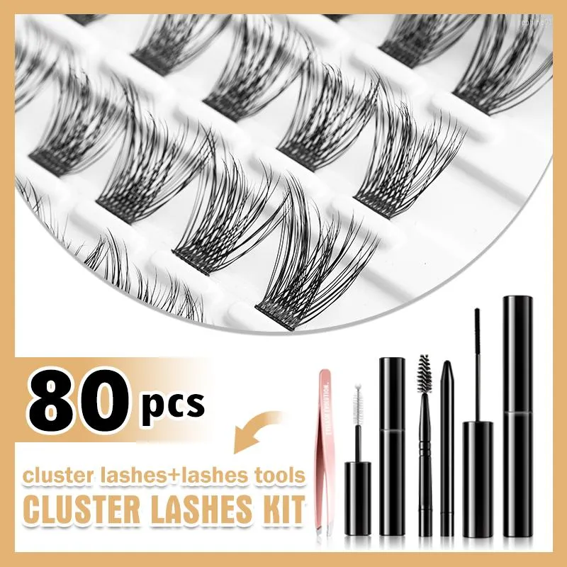 Falska ögonfransar underlättningar 80 kluster Eyelash Extension Kit svart lim Lime Coating Natural individuella fransar segmenterad bunt makeup