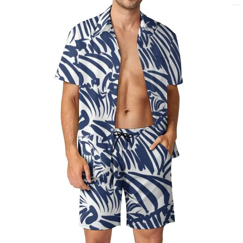 Herrspårar Zebra Stripe Navy Men Set Abstract Fun Animal Casual Shirt Set Hawaii Fitness Outdoor Shorts Summer Print Suit 2 Piece