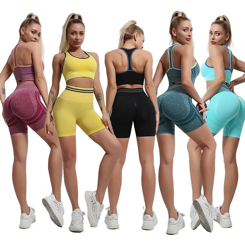 2023 Activewear da donna Vita alta legging corto Reggiseno sportivo Pantaloncini da motociclista Set da yoga per l'assorbimento dell'umidità