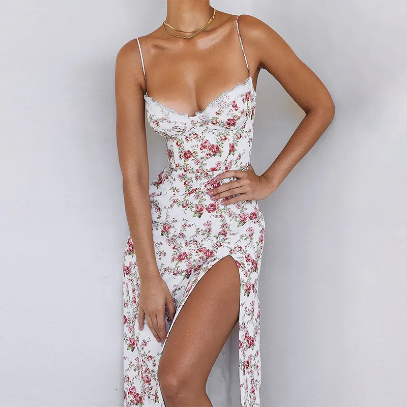 Basic Casual Dresses Hugcitar Ruffles Floral Print Slip Sleeveless Backless Sexy Bodycon Slit Midi Dress Summer Elegant Clothes Party Y2K Wholesale 230715