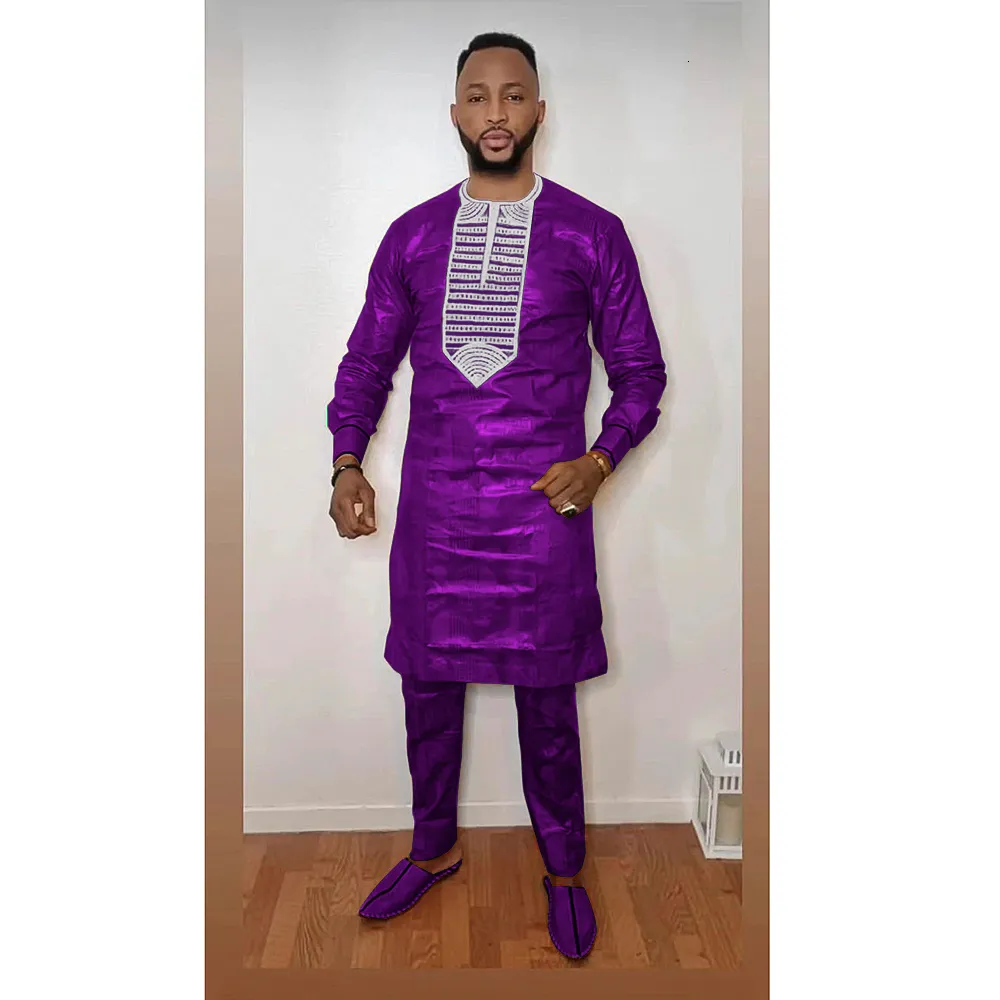 Fatos de Treino Masculino H D Roupas Africanas para Homens Dashiki Top Pant 2 Peças Outfit Set Riche Purple Bordado Camisa Com Calça Rich Bazin Casamento 230715