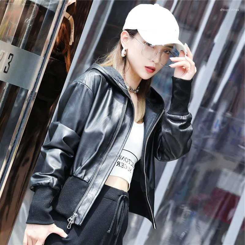 Women's Leather 2023 Real Jacket Women Korean Hooded Coat Black Genuine Sheepskin Jackets Short Outwears Jaqueta De Couro