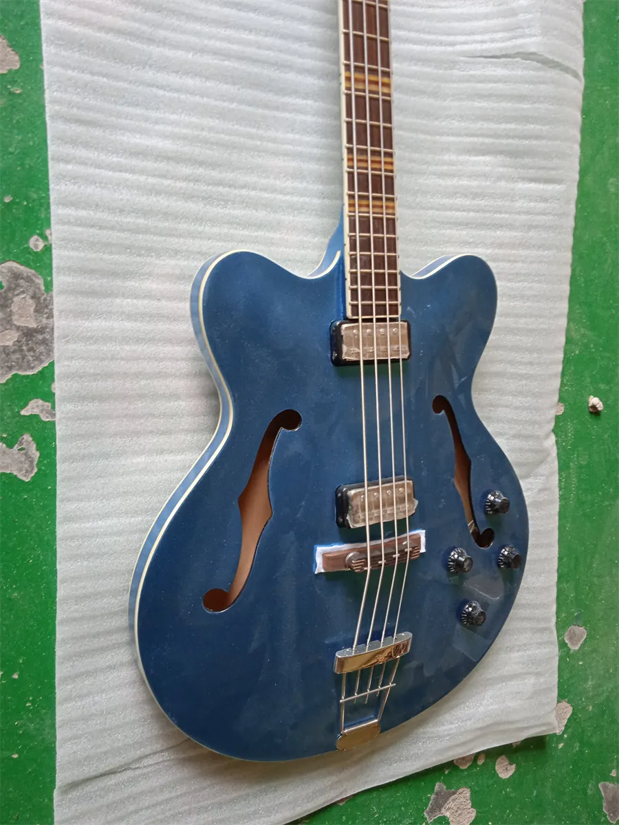 Guitarra elétrica baixo de 4 cordas corpo semi-oco azul oceano contemporâneo guitarra baixo muito fina