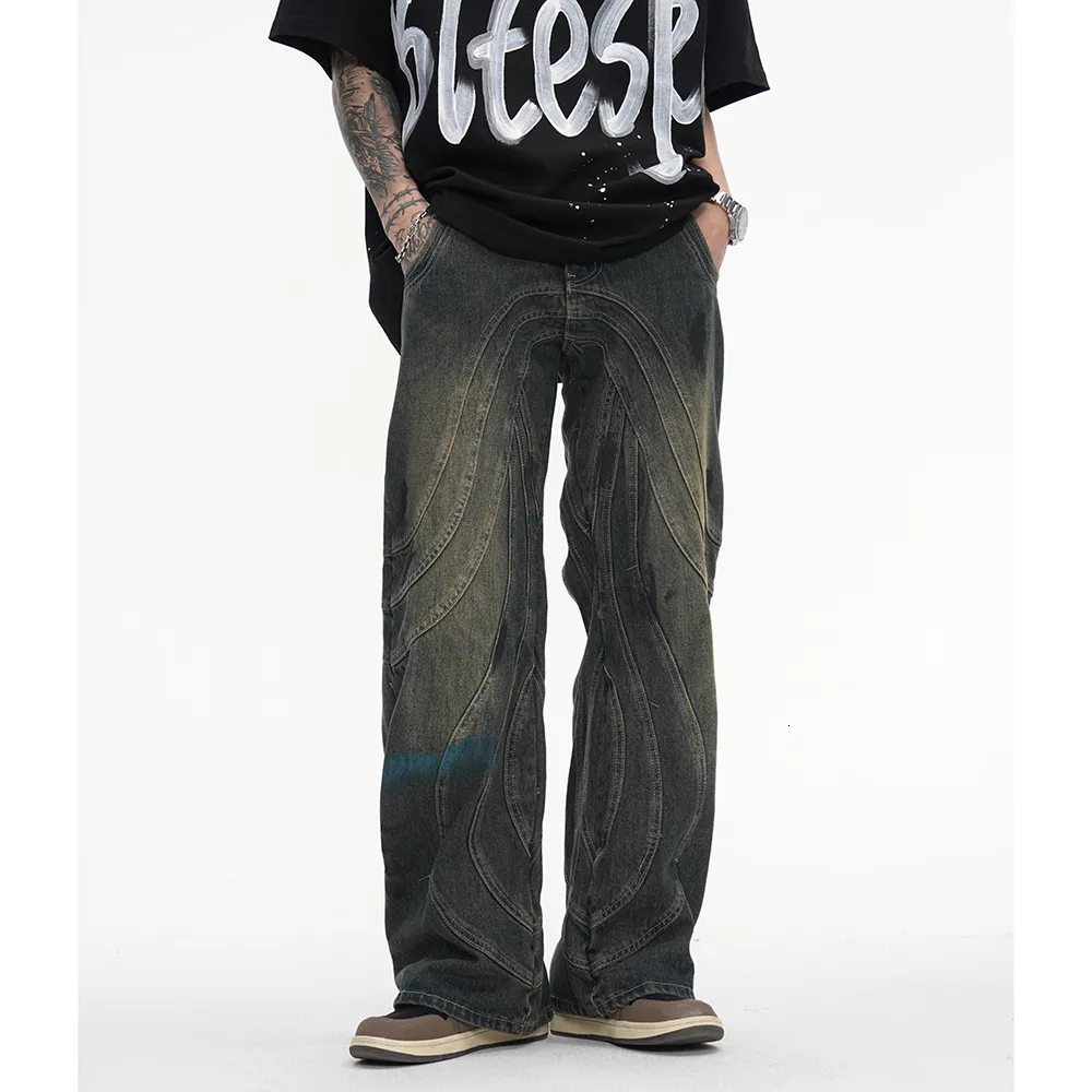 Męskie dżinsy vintage Y2K Painted Circle Paspeed Prosty Flare Pants Męskie Harajuku Streetwear Casual Buggy Dżinsy Owwrotne dżinsowe spodnie 230715