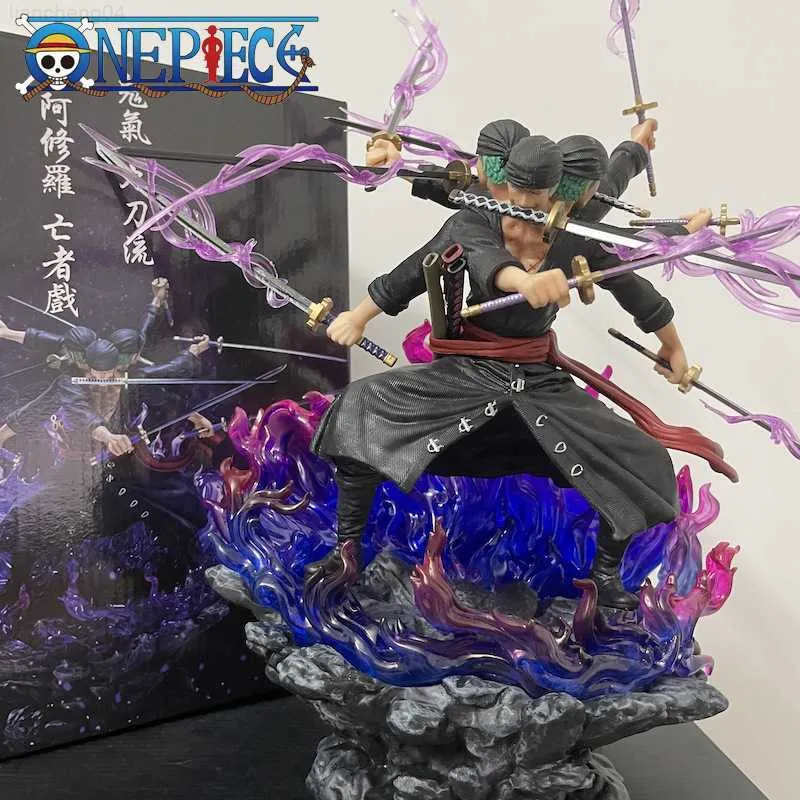 Anime Mangá 30cm One Piece Roronoa Zoro Anime Figura Gk Três Cabeças e Seis Braços Nove Facas Flow Ashura Estatueta de Ação PVC Modelo Boneca Brinquedos L230717