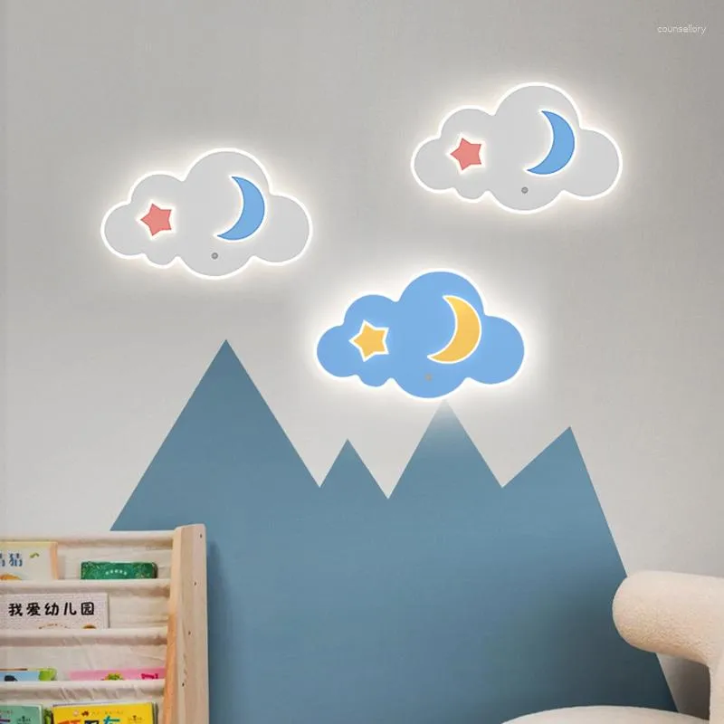 Wall Lamps Nordic Blue Lamp Star Moon Light For Children Baby Room Bedroom Bedside Background Lighting Wooden Fixtures Decor