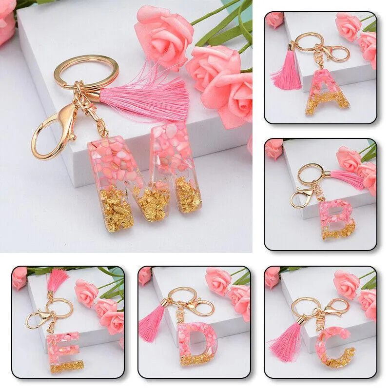 Keychains A-Z Pink Letter Acrylic Keychain Exquisite Tassel Pendant Keyrings 26 English Initial Alphabet Key Chains Charm Bag Car Ornament