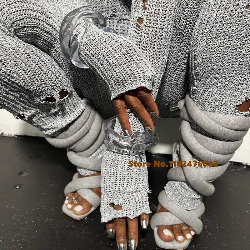 Sandals Grey Knit Lace Up Strappy Thin High Heel Women Summer Sexy Square Open Toe Cloth Rope Stilettos Female Shoes