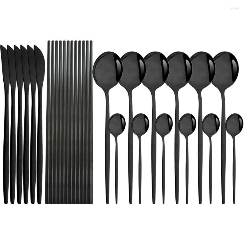 Set di stoviglie 24Pcs Coltello Cucchiaio Bacchette Stoviglie Cucchiaino da cucina Set di posate Posate nere occidentali in acciaio inossidabile