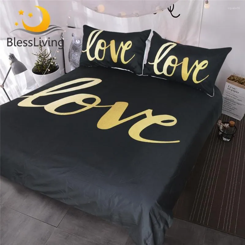 Ensembles de literie BlessLiving noir et or amour ensemble 3 pièces maison moderne Chic housse de couette luxe romantique Couples literie roi