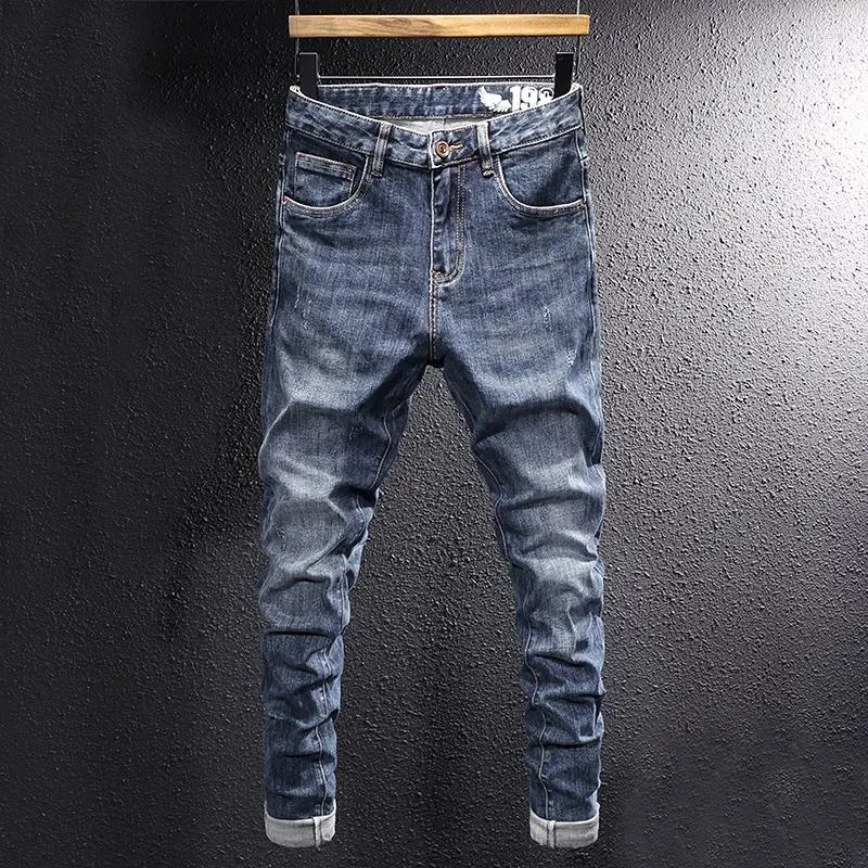 Jeans da uomo Moda Vintage Uomo Retro Blu Dritto Slim Fit Pantaloni strappati elastici Pantaloni in denim casual dal design classico