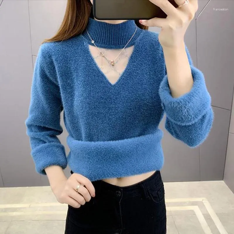 Kobiety swetry Sweter damski gęsty 2023 Zima plus aksamit utrzymuj ciepłą modę ładną przędzę siatkową Kobietowy pullover koreański styl A119