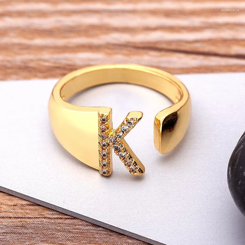 Wedding Rings Fashion Chunky Wide Hollow A-Z Letter Gold Color Adjustable Opening Ring Initials Name Alphabet Female Party Jewelry