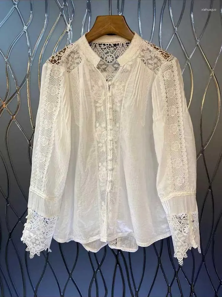 Camicette da donna BOHO INSPIRED Camicetta a maniche lunghe con scollo a V in pizzo floreale bianco Camicetta da donna in cotone primavera autunno