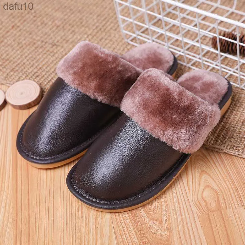 Genuine Leather Slippers Men Warm Casual Fashion Couple Cotton Slippers Large Size Plus Women Bedroom Home Slippers L230704