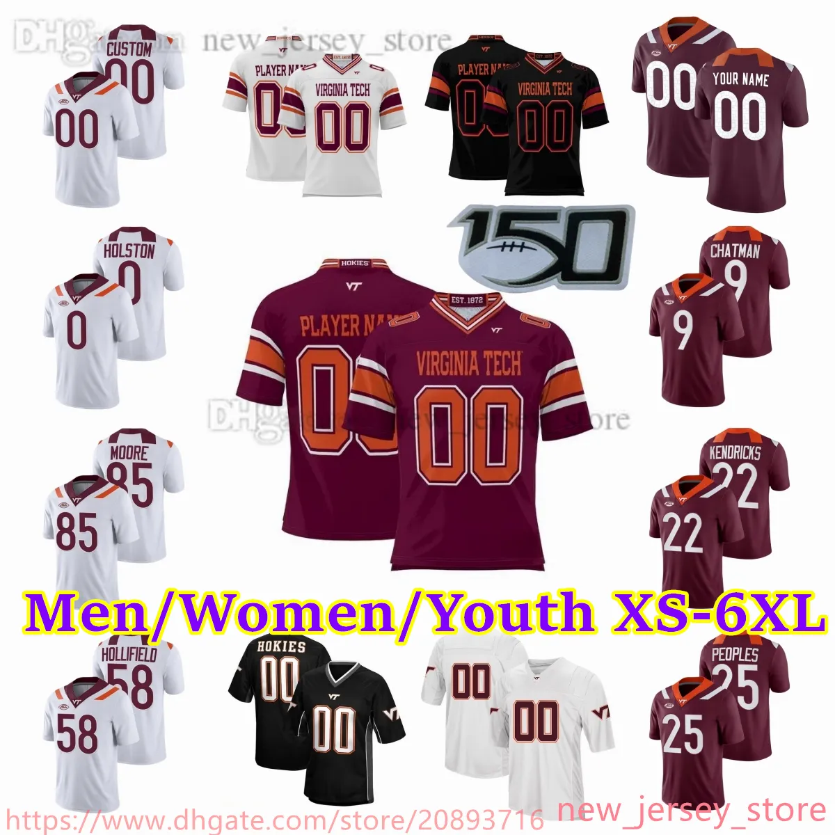 2023 Personalizado S-6XL NCAA Virginia Tech Hokies Camisa de Futebol 86 Nick Gallo 45 TyJuan Garbutt 1 Chamarri Conner 92 William Ross 4 Dax Hollifield 2 Jadan Blue 80 Smith